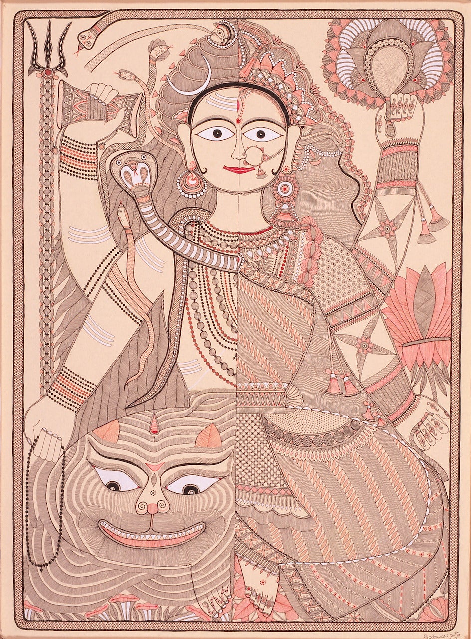 値下げインド民俗絵画ミティーラ画　生命の木とライオン　Satta Narayan 値下げインド民俗絵画ミティーラ画 生命の木とライオン Satta